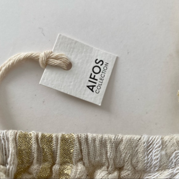 NWT Pearl & Caviar Crop Ruffle Top Woven Cotton Oatmeal Gold Metallic Striped S - Picture 14 of 16